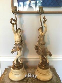 Vintage Art Nouveau Signed Louis Moreau Painted Figural Metal Pair Lamps