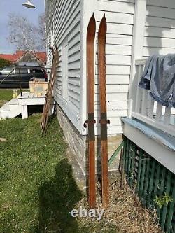 1 Pair Signed Tubbs Maine Antique Vintage Wooden Winter Wood Skis Skiing