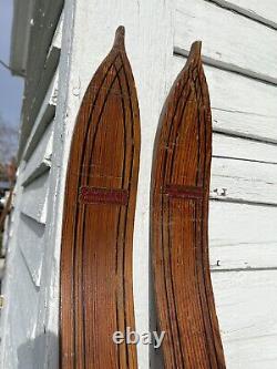 1 Pair Signed Tubbs Maine Antique Vintage Wooden Winter Wood Skis Skiing
