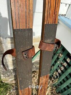 1 Pair Signed Tubbs Maine Antique Vintage Wooden Winter Wood Skis Skiing
