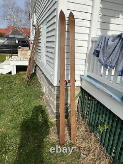 1 Pair Signed Tubbs Maine Antique Vintage Wooden Winter Wood Skis Skiing