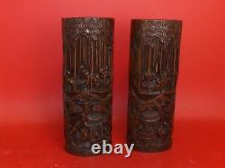 1 Pair of Engraved Bamboo Vases, Underneath Signed. 19th / 20th Century