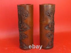 1 Pair of Engraved Bamboo Vases, Underneath Signed. 19th / 20th Century