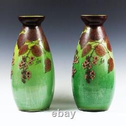 14H Pair Antique Art Nouveau French art glass Vases signed enamelled flowers