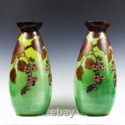14H Pair Antique Art Nouveau French art glass Vases signed enamelled flowers