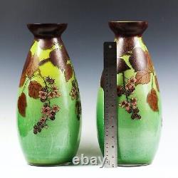 14H Pair Antique Art Nouveau French art glass Vases signed enamelled flowers