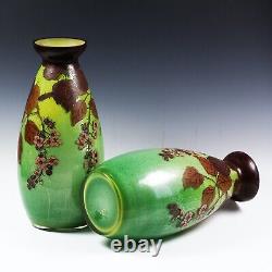 14H Pair Antique Art Nouveau French art glass Vases signed enamelled flowers
