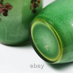 14H Pair Antique Art Nouveau French art glass Vases signed enamelled flowers