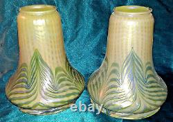 1902 Large Antique Pair of Loetz PG 2/187 Lamp Art Glass Shades Signed