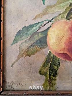 1910 Antique Painting Oil, 3 Peaches Nature Sign Original 1910 Otto Freyer
