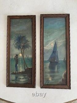 1920's 2 Antique French Original Oil Paintings Signed Tropical Seas Night Scenes