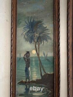 1920's 2 Antique French Original Oil Paintings Signed Tropical Seas Night Scenes