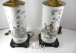 1920's Signed Porcelain Hand Painted Asian Geisha Motif Pair Table Lamps