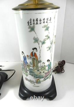 1920's Signed Porcelain Hand Painted Asian Geisha Motif Pair Table Lamps