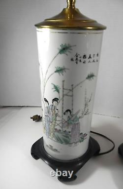 1920's Signed Porcelain Hand Painted Asian Geisha Motif Pair Table Lamps