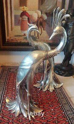 1930's Art Deco Silverplated Peacock Pair of Sculptures By Weidlich Bros Signed
