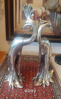1930's Art Deco Silverplated Peacock Pair of Sculptures By Weidlich Bros Signed