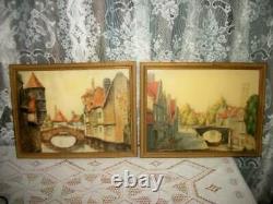 1930s EUROPEAN VILLAGE PRINT ETCHING SIGNED STONE BRIDGE Lg PAIR ALLEEN J. LOVE