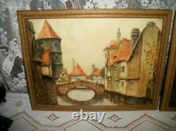 1930s EUROPEAN VILLAGE PRINT ETCHING SIGNED STONE BRIDGE Lg PAIR ALLEEN J. LOVE