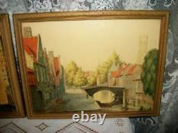 1930s EUROPEAN VILLAGE PRINT ETCHING SIGNED STONE BRIDGE Lg PAIR ALLEEN J. LOVE