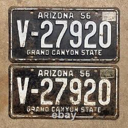 1956 Arizona license plate pair V-27920 white on black embossed 1957 1958
