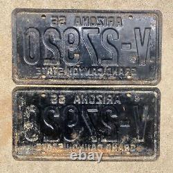 1956 Arizona license plate pair V-27920 white on black embossed 1957 1958