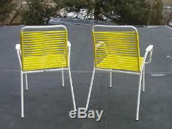 1960s Mid-Century signed MAUSER Yellow on Steel Garden Spaghetti Chairs PAIR