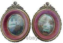 19th ANTIQUE PAIR BEAUTIFUL FRENCH MINIATURES PAINTING BRONZE FRAMES SIGNED