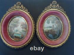 19th ANTIQUE PAIR BEAUTIFUL FRENCH MINIATURES PAINTING BRONZE FRAMES SIGNED
