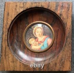 19th Antique Pair Miniature Portrait of Madonna Painting Signed in Old Frames