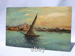 19th Antique Pair Oil On Wood painted Panel Painting Seaside Mediterranean 1894s