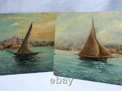 19th Antique Pair Oil On Wood painted Panel Painting Seaside Mediterranean 1894s