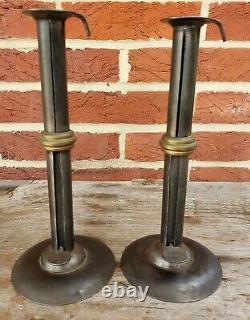 19th C. TOM LOOSE REPRO HAND FORGED WEDDING RING HOGSCRAPER CANDLESTICKS PAIR