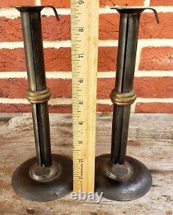 19th C. TOM LOOSE REPRO HAND FORGED WEDDING RING HOGSCRAPER CANDLESTICKS PAIR