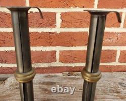 19th C. TOM LOOSE REPRO HAND FORGED WEDDING RING HOGSCRAPER CANDLESTICKS PAIR