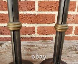 19th C. TOM LOOSE REPRO HAND FORGED WEDDING RING HOGSCRAPER CANDLESTICKS PAIR