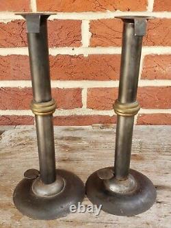 19th C. TOM LOOSE REPRO HAND FORGED WEDDING RING HOGSCRAPER CANDLESTICKS PAIR