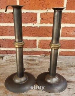 19th C. TOM LOOSE REPRO HAND FORGED WEDDING RING HOGSCRAPER CANDLESTICKS PAIR