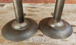 19th C. TOM LOOSE REPRO HAND FORGED WEDDING RING HOGSCRAPER CANDLESTICKS PAIR