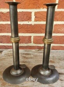 19th C. TOM LOOSE REPRO HAND FORGED WEDDING RING HOGSCRAPER CANDLESTICKS PAIR