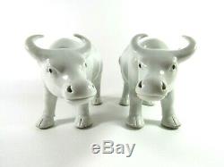 19th CENTURY ANTIQUE PAIR OF BLANC DE CHINE BUFFALO FIGURINES CARVED WOOD STANDS