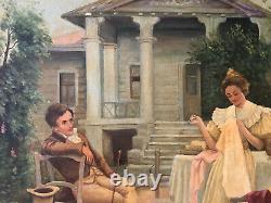 19th Century Antique Original Oil Painting Continential Couple Scene Mansion