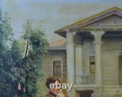 19th Century Antique Original Oil Painting Continential Couple Scene Mansion