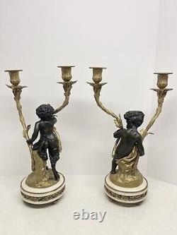 19th Century Pair of French Patinated & Gilt Bronze Candlesticks Signed Clodion
