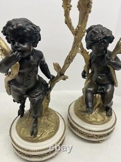 19th Century Pair of French Patinated & Gilt Bronze Candlesticks Signed Clodion