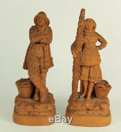 19th c. French Terracotta Pair Fisherman & Shrimp Woman Signed Eugene Blot