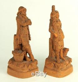 19th c. French Terracotta Pair Fisherman & Shrimp Woman Signed Eugene Blot