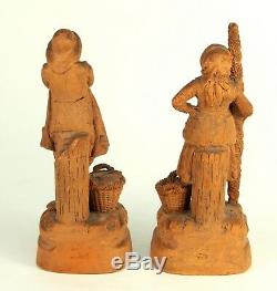 19th c. French Terracotta Pair Fisherman & Shrimp Woman Signed Eugene Blot