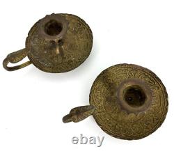 2 ANTIQUE X-RARE PAIR SignedDAMASCUS Brass Chamberstick Thumb Rest/Finger Loop