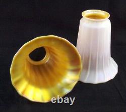 2 Antique Art Glass, Signed, Quezal Light Shades IRIDESCENT LAMP PAIR